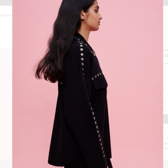 Maje Knit Overshirt with Eyelets Black and Silver Cardigan with Studded Grommets - Picture 4 of 11